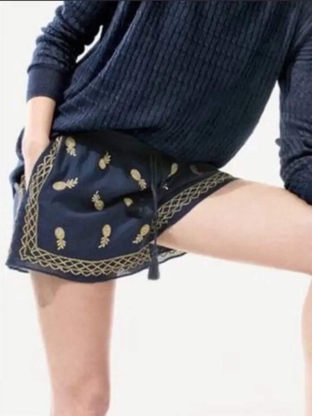 J.Crew Navy Blue Pineapple Embroidered Gauze Shorts Size M
